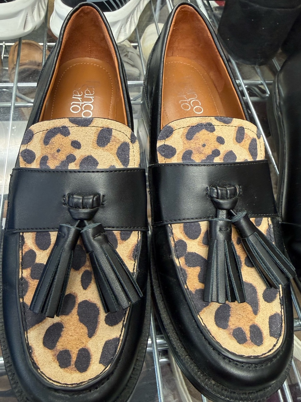 Franco Sarto Black Leopard Print Tassel Loafers Size 7.5